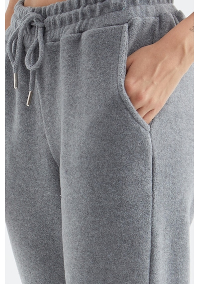 Gri Melanj Yüksek Bel Basic Bağcıklı Jogger Polar Kadın Eşofman Alt - 94622 GRİ MELANJ