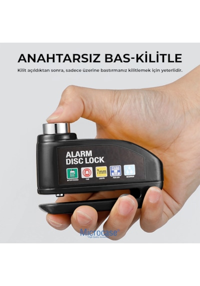 Microcase Alarmlı Motosiklet Disk Kilidi 110db/130db Yüksek Sesli - Su Geçirmez Anahtarsız Bas Kilitle Scooter Bisiklet E-bike E-scooter Uyumlu 7mm Kilit Pimi - Al5872 Siyah