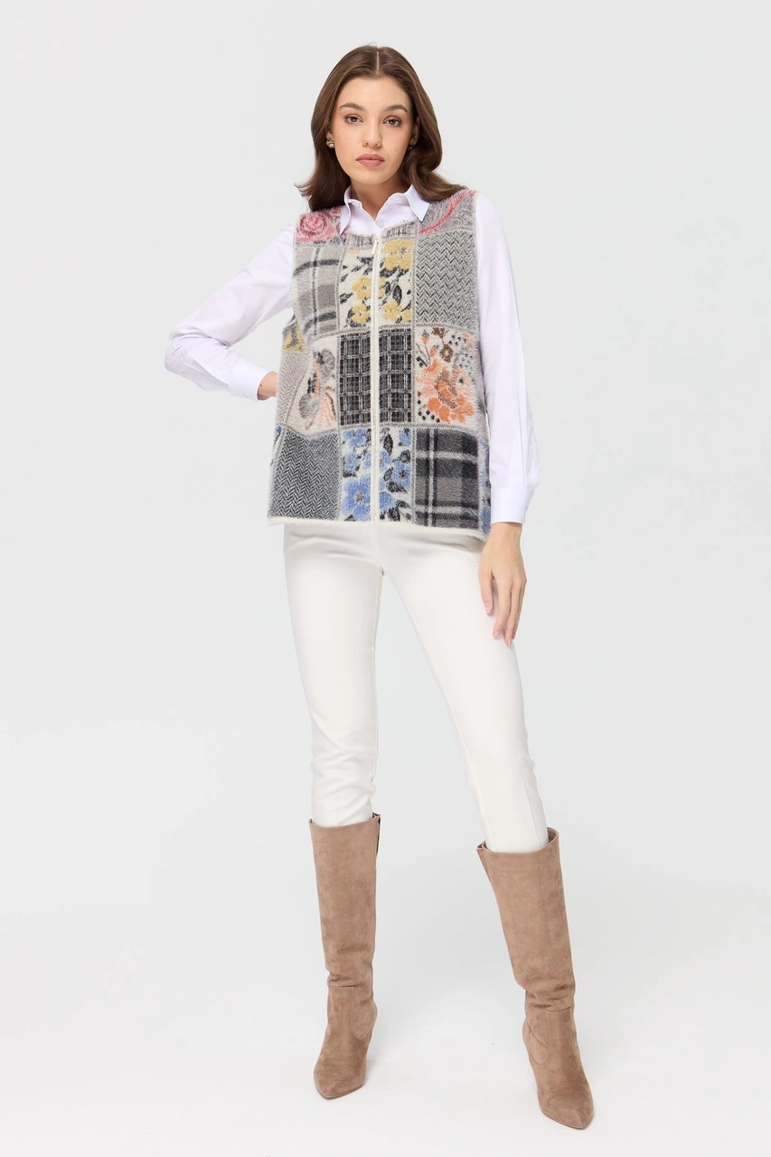 Desen Triko Kadın Sıfır Yaka Patchwork Yelek Kemik Kemik