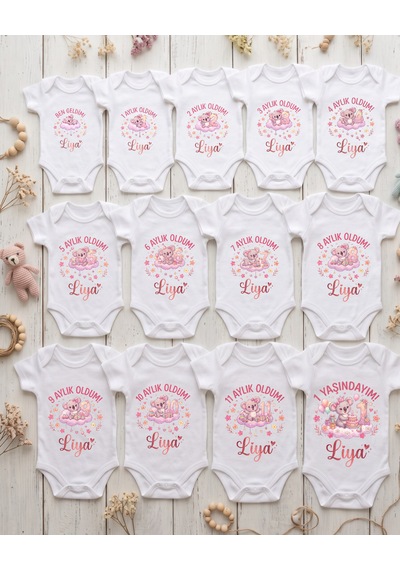 Liya Gift Collection İsme Özel Kız Bebek Zıbın Seti 13 Parça Yenidoğan 1 Yaş Aylık Gelişim Fotoğraf Çekimi Hediyesi Beyaz