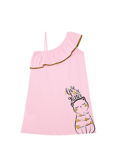 Denokids Kedi Kız Çocuk Yazlık Fırfırlı Penye Pembe Kız Elbise