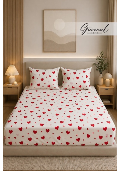 Güvenal Charm %100 Pamuk Desenli Yastık Kılıflı Lastikli Çarşaf Seti Yastık Kılıfı Lastikli Çarşaf Uyku Seti Çeyiz - Kalp Kırmızı