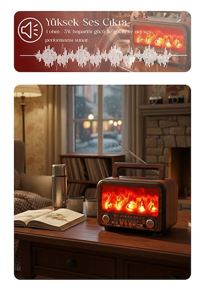 Güneş Enerjili Nostaljik Alev Efektli Şömine Tasarım Bluetooth Hoparlör Radyo