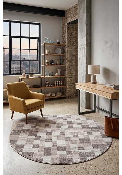 Etnik Craft Madre Modern Desenli Yuvarlak Halı Md05 Bej Kahve