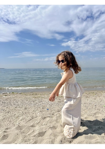Oliven The Kid Paçaları Nakışlı Keten Kız Çocuk Takım Natürel Bej
