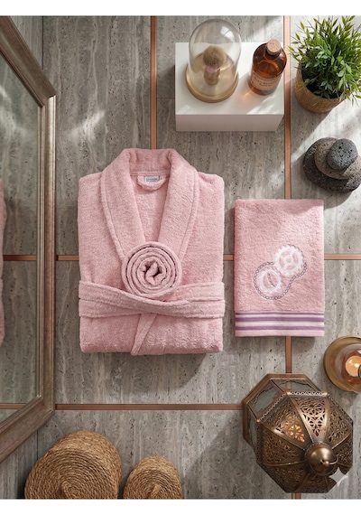 Premium 2'li Aile Bornoz Seti Çeyizlik Pamuklu Hediyelik Banyo Takımı L/xl Pudra
