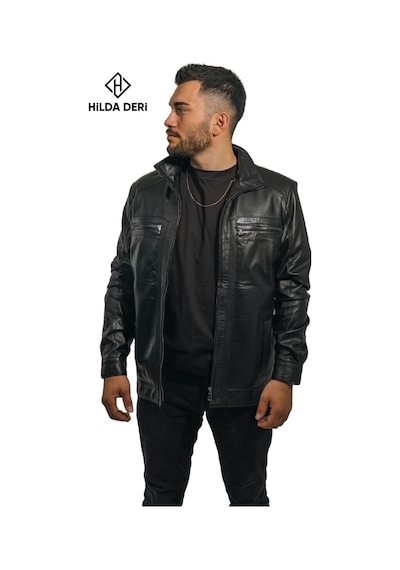 Hilda Deri Cengiz Khan Siyah Hakiki Deri Erkek Ceket 001