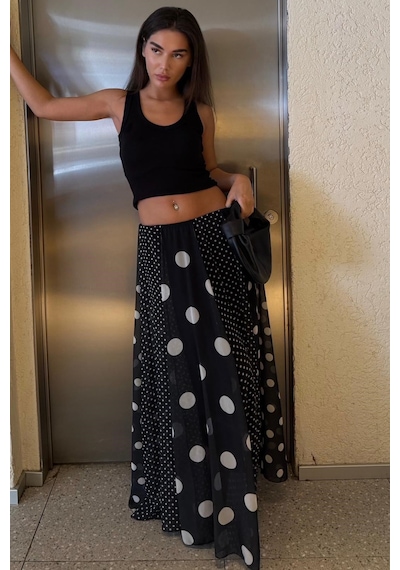Madmext Siyah Çoklu Puantiye Desen Maxi Etek Mg2839