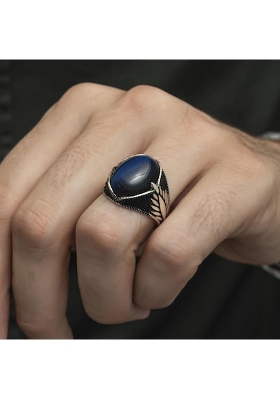 Mavi Kaplan Gözü Taşlı Oval 925 Gümüş Erkek Yüzük