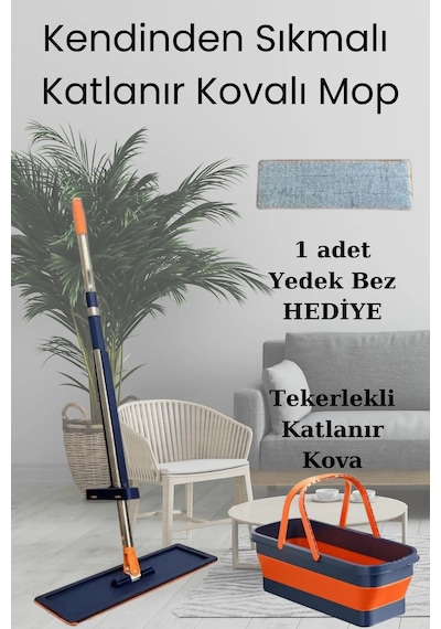 Kendinden Sıkmalı Katlanır Kovalı Lüks Mop Seti Yedek Bez