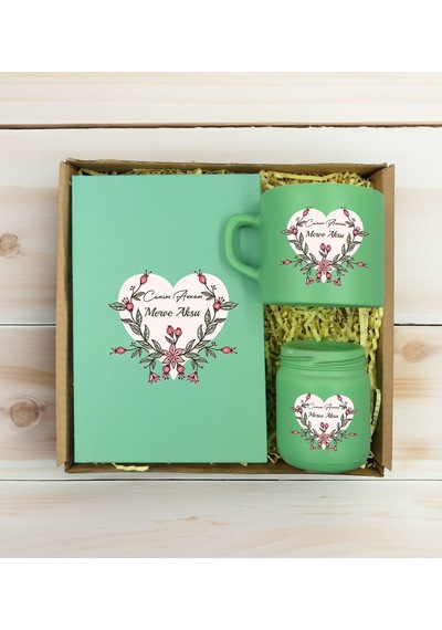 Bk Gift Kişiye Özel İsimli Dtf Anne Temalı Yeşil Defter & Kahve Fincanı & Mum Hediye Seti-5, Anneye Hediye, Anneler Günü Hediyesi Kobitmeyencom30829 B
