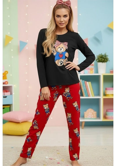 Siyah İnci Kadin Ekose Merry Christmas Baskılı Yılbaşı Temalı Örme Pijama Takım 7970 Kırmızı Ayıcık