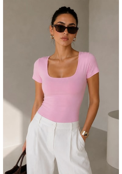 Bb Butik Basic Soft Touch Kare Yaka Body Tulum Astarlı Md3535 Pembe