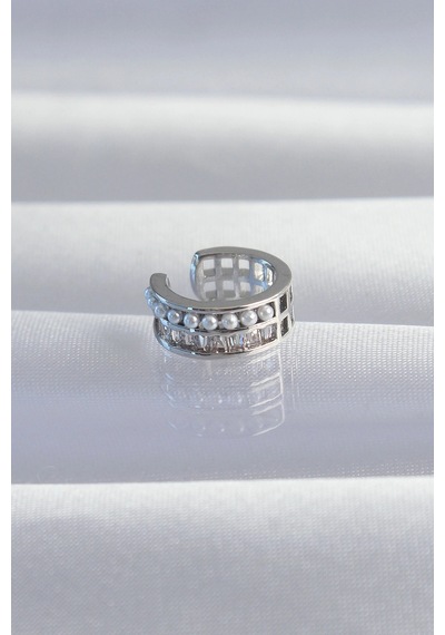 Pirinç Gümüş Renk İncili Baget Taşlı Earcuff Küpe 5886 Çok Renkli