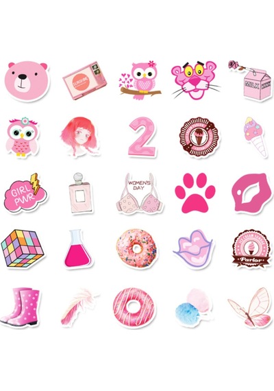 50 Adet Tekrarsız Pembe Karışık Kalite Pvc Sticker 08