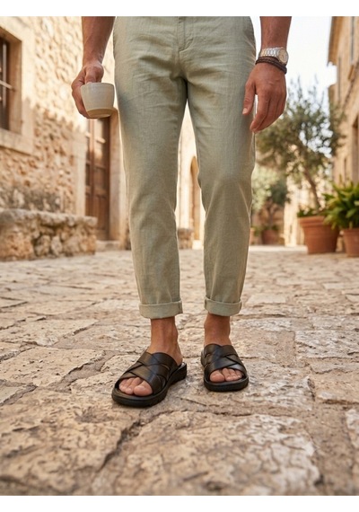 Ern Shoes İçi Dışı Hakiki Deri Ortopedik Erkek Terlik Sandalet Gri