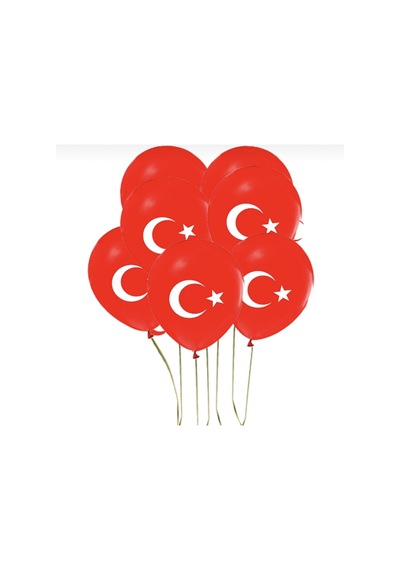 12 Adet Bayrak Balon Türk Bayraklı Kırmızı Baskılı Balon Kutlama Kırmızı Kırmızı