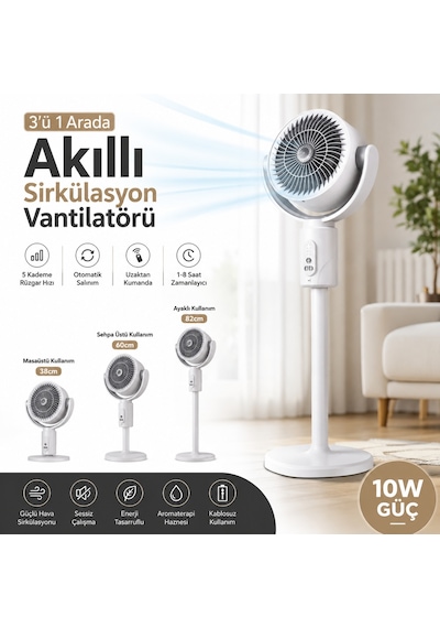 3'ü 1 Arada Akıllı Sirkülasyon Vantilatörü 10w Şarjlı Ayaklı Masaüstü Fan Uzaktan Kumandalı 5 Kademeli