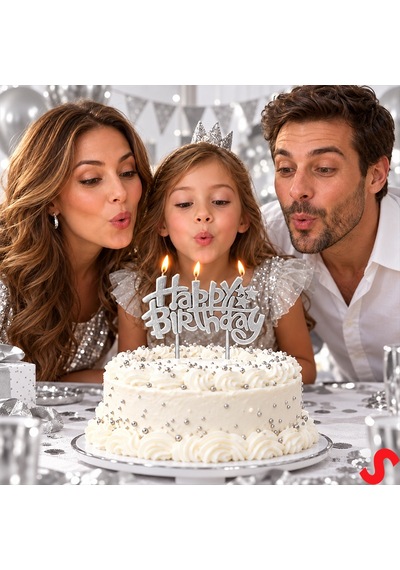 Happy Birthday Doğum Günü Pasta Mumu, 11 Cm - Gümüş