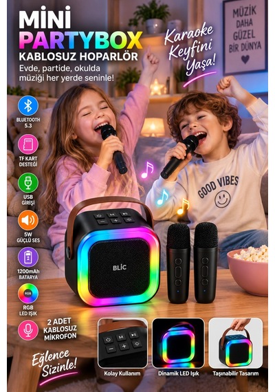 Blic Bls-97 Siyah Partybox Çift Kablosuz Mikrofonlu Rgb Led Işıklı Taşınabilir Bluetooth Hoparlör