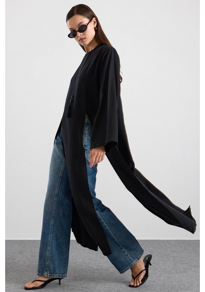 Olcay Derin Yırtmaçlı Oversize Uzun Tunik Siyah 9838