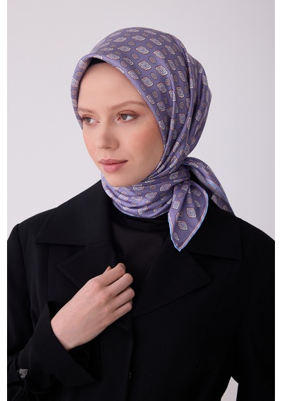 Etnik Desen Saf İpek Twill Eşarp 4308 Lila