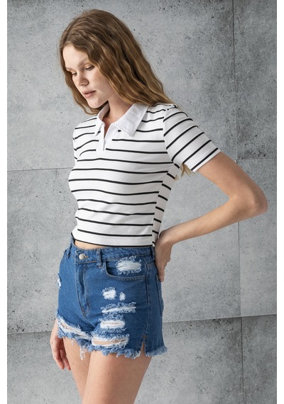 Giysa Kadın Polo Yaka Çizgili Pamuklu T-shirt Beyaz Siyah - 25795 Beyaz - Siyah