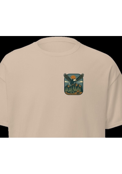 Wildstyle Kartal Renkli Vintage Yaban Hayat Doğa Dağ Rozet Baskılı Unisex Bisiklet Yaka Pamuklu Tişört Camel