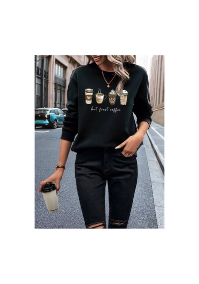 Medinenur Coffe Desenli 2 İplik Sweatshirt Siyah