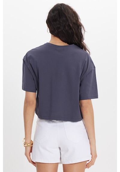 Tudors Kadın Slim Fit Dar Kesim Pamuk Kısa Kollu Bisiklet Yaka Gri Crop Tişört-50469 L