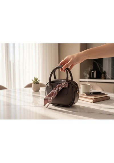 Moda Çınar Koyu Kahve Mini El & Omuz Çantası Fular Aksesuarlı Model:khvrng1 Kahverengi