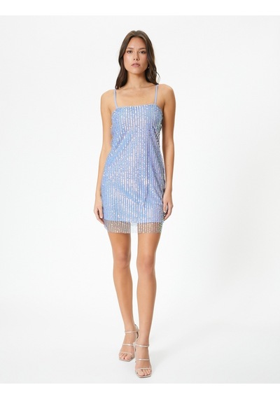 Koton Pullu Payetli Mini Abiye Elbise İnce Askılı Slim Fit Açık İndigo 4sak80005fk