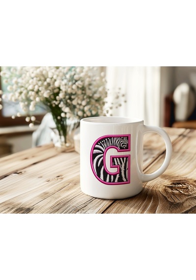 G Harfi Zebra Deseni Ve Pembe Kenarlı Kupa Bardak - Kişiye Özel Nakış Efektli - Siyah Beyaz Pembe Beyaz