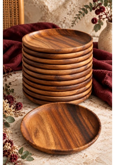 Atbyhome 12'li Akasya Ahşap Tatlı Tabağı Seti 17 Cm - Doğal Yuvarlak Pasta Çay Saati Sunum Tabağı Kahverengi