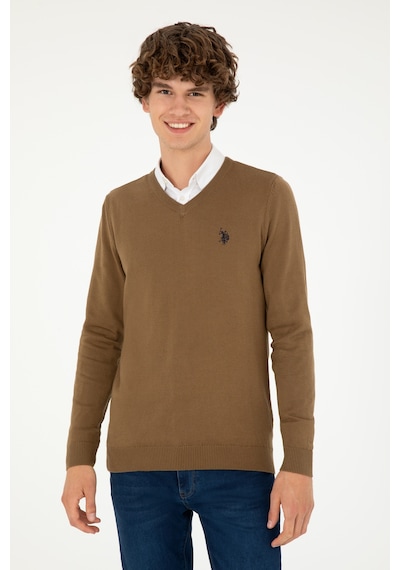 U.S. Polo Assn. Erkek Slim Fit V Yaka Haki Melanj Basic Kazak 50293512-VR125