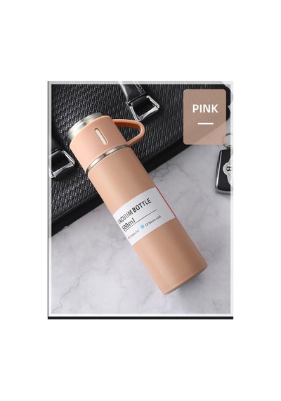 Paslanmaz Çelik 3 Bardaklı Vakumlu Termos Set 500 Ml, 12 Saate Kadar Isı Koruma Termos Pembe
