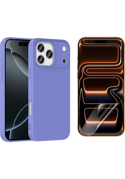 Apple Uyumlu iPhone 17 Pro Max Içi Kadife Lansman Kılıf Ve Mat Seramik Tam Kaplayan Ekran Koruyucu Lila