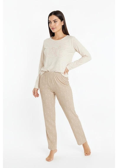 Üstü Love Yazılı Altı Desenli Elite Viscose Uzun Pijama Takımı Krem 3562 Krem