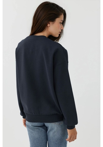 Hiccup Baskılı Yuvarlak Yaka Uzun Kollu Sweatshirt Lacivert