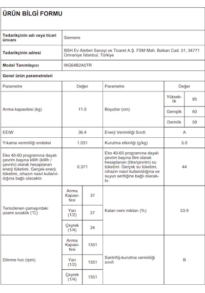 Siemens WG64B2A0TR iQ700 11 KG 1400 Devir Çamaşır Makinesi