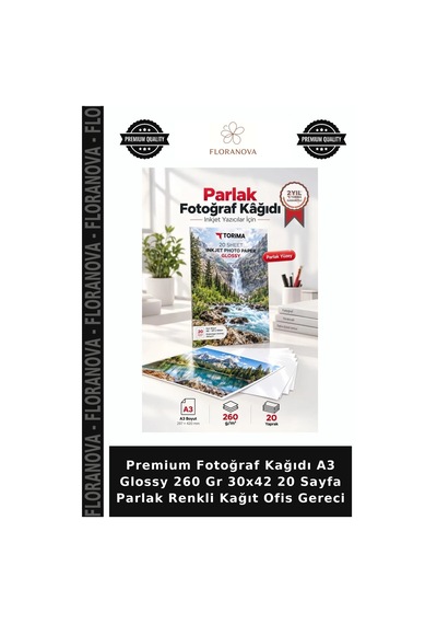 Premium Fotoğraf Kağıdı A3 Glossy 260 Gr 30x42 20 Sayfa Parlak Renkli Kağıt Ofis Gereci