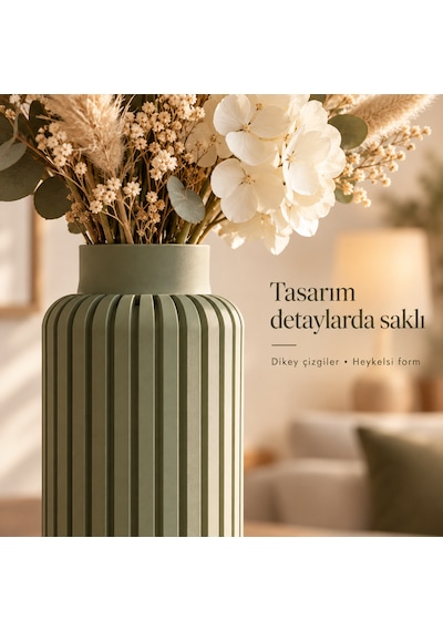 Dikey Çizgili Dekoratif Vazo 20 Cm Modern Silindir Tasarım Haki
