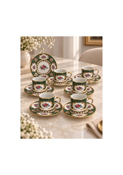 6 Kişilik Yeşil Çiçek Desenli Türk Kahvesi Fincan Takımı 12 Parça
