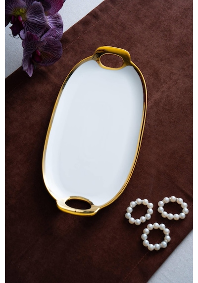Acar Arven Oval Gold Sunum Tepsisi - 33 Cm Beyaz