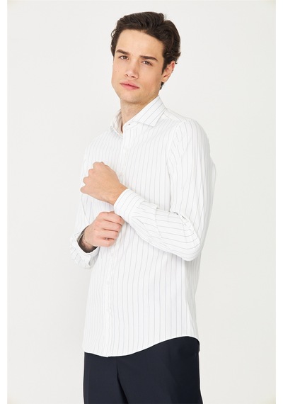 Beyaz Mavi Çizgili Uzun Kollu Gömlek Slim Fit Beyaz-mavi