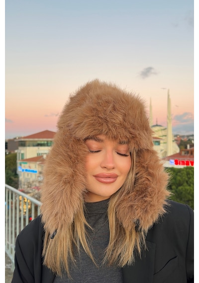 Mollycrush Luxury Kadın Kahverengi Uzun Tüylü Suni Kürklü Peluş Tüylü Pilot Şapka Kahverengi