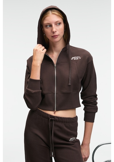Grımelange Elara Kadın Metal Fermuarlı Nakışlı Kapüşonlu Crop Koyu Kahverengi Sweatshirt Koyu Kahverengi