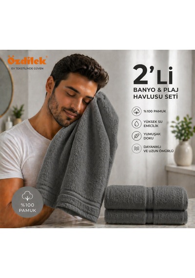 Özdilek Belda Plaj Havlusu 70x140 Cm Pamuklü Büyük Boy Yumuşak Havlu Yüksek Emici Hızlı Kuruyan Deniz, Plaj Havuz Havlusu Gri