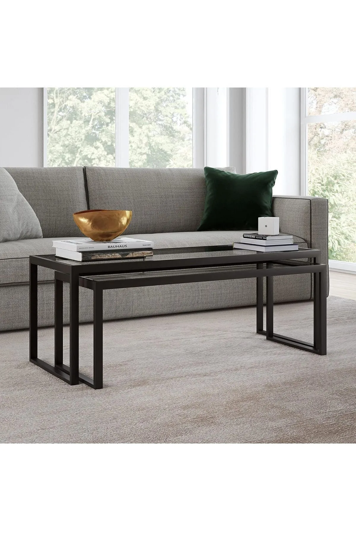 Modern 2 Li Metal Iskeletli Temper Camlı Zigon Orta Sehpa Siyah-şeffaf