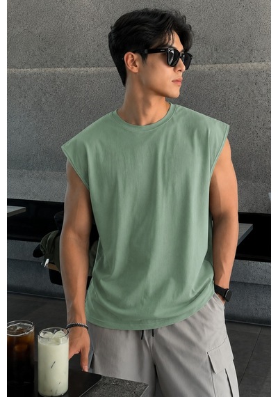 Tarz Cool Erkek Oversize Kolsuz Tişört %100 Pamuk Süprem Basic Bisiklet Yaka Yeşil